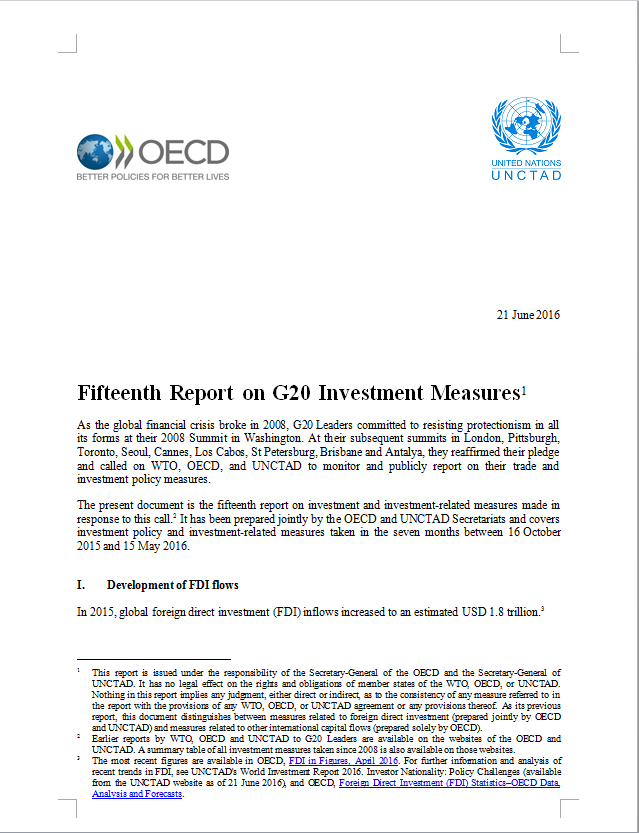 Fifteenth Report on G20 Investment Measures
