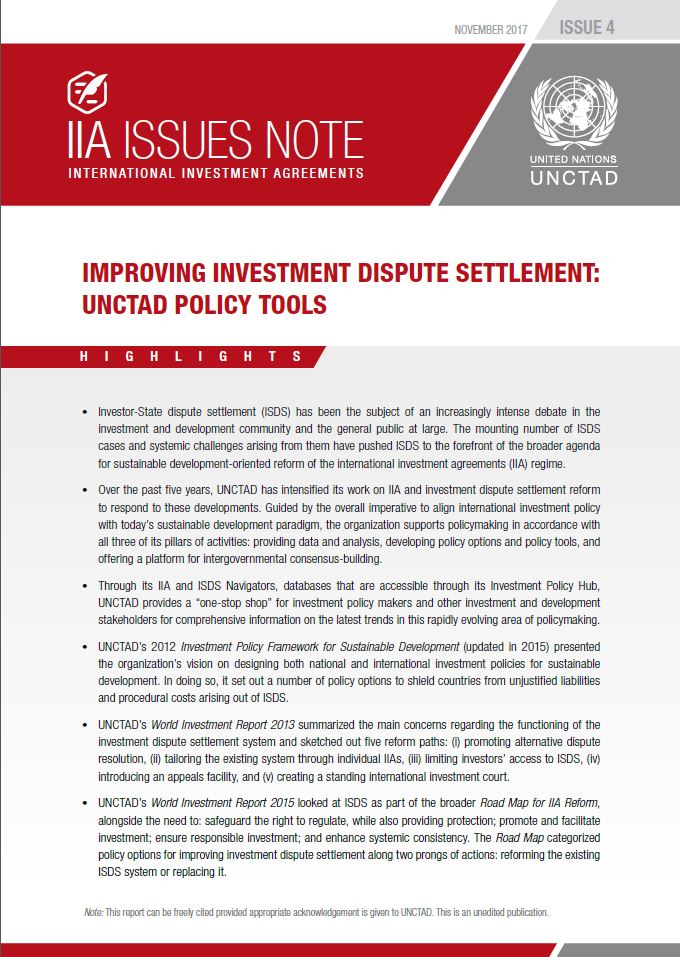 IIA Issues Note: Improving Investment Dispute Settlement: UNCTAD's Policy Tools