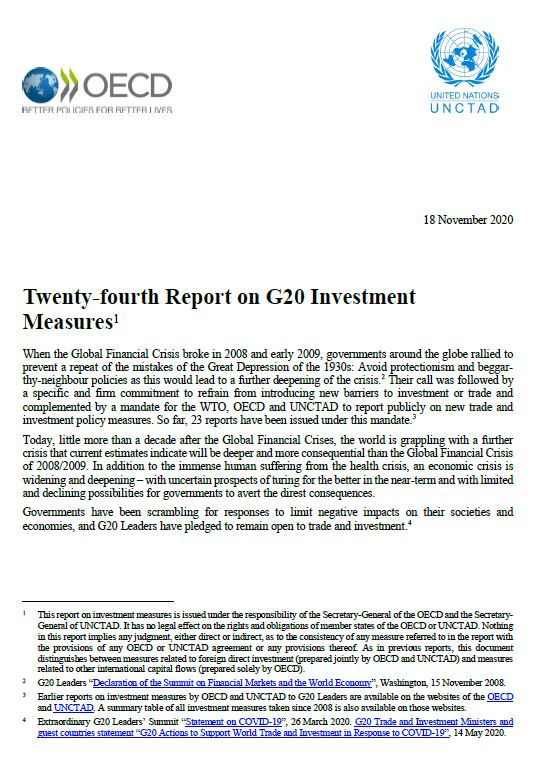 UNCTAD-OECD Report on G20 Investment Measures (24th Report)