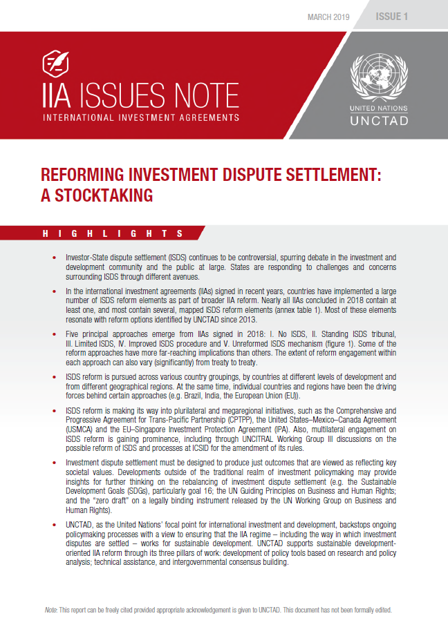 Reforming Investment Dispute Settlement: A Stocktaking