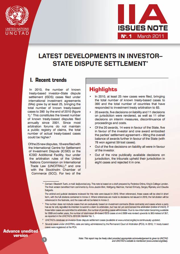 IIA Issues Note: Latest Developments in Investor-State Dispute Settlement