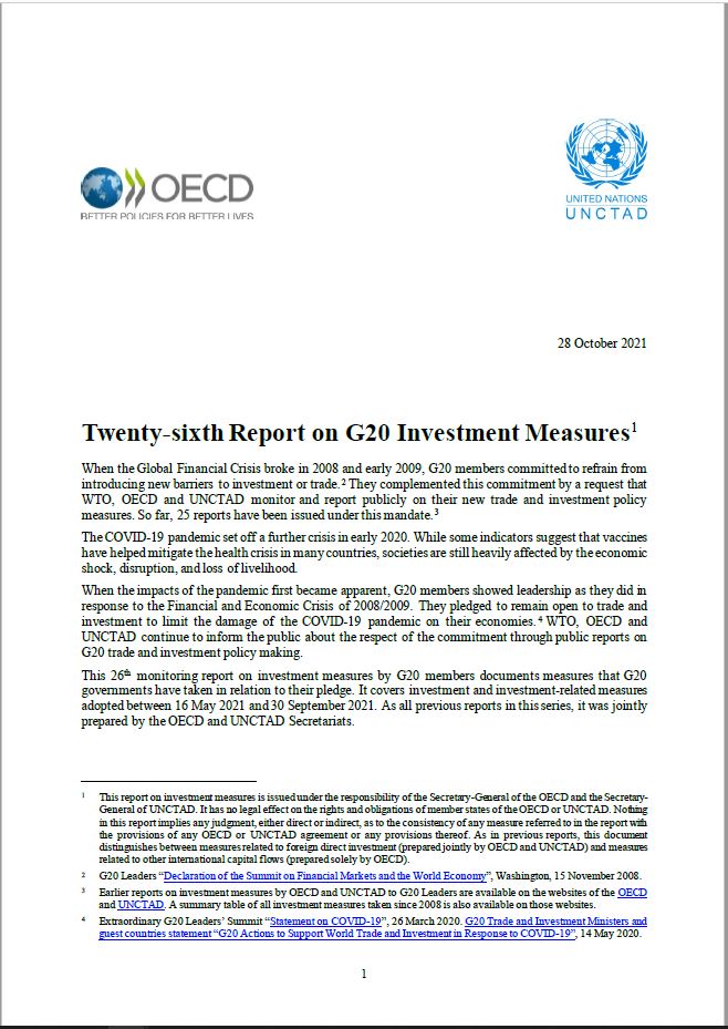 UNCTAD-OECD Report on G20 Investment Measures (26th Report)