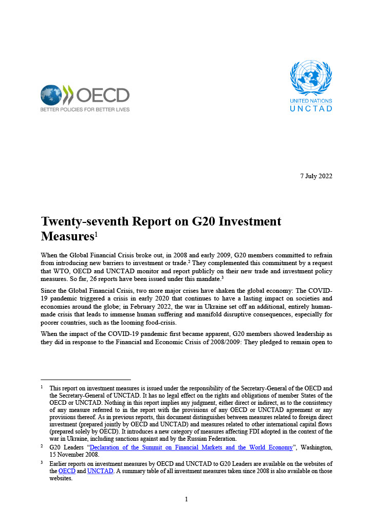 UNCTAD-OECD Report on G20 Investment Measures (27th report)