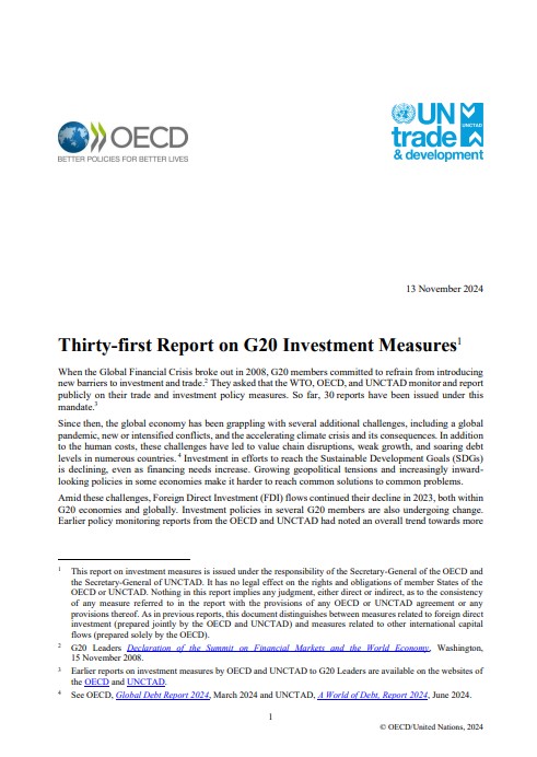 UNCTAD-OECD Report on G20 Investment Measures (31st Report)