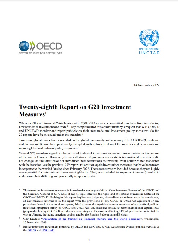 UNCTAD-OECD Report on G20 Investment Measures (28th report)