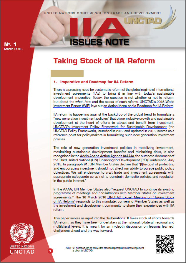 IIA Issues Note: Taking Stock of IIA Reform