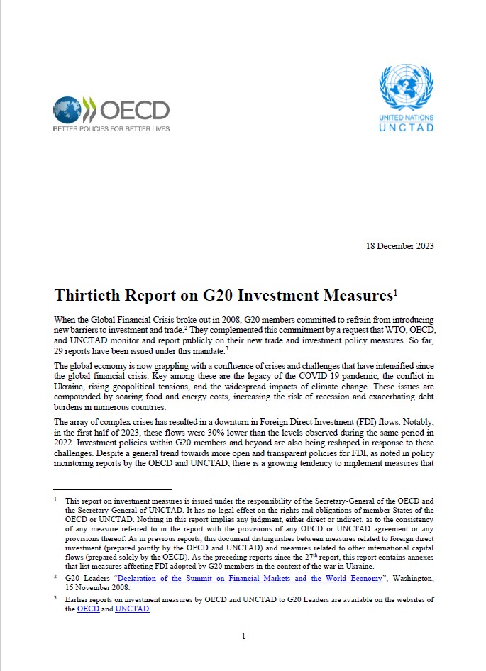 UNCTAD-OECD Report on G20 Investment Measures (30th Report)