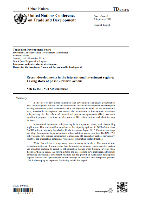 Recent developments in the international investment regime: Taking stock of phase 2 reform actions