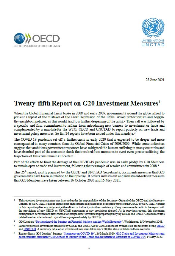 UNCTAD-OECD Report on G20 Investment Measures (25th Report)