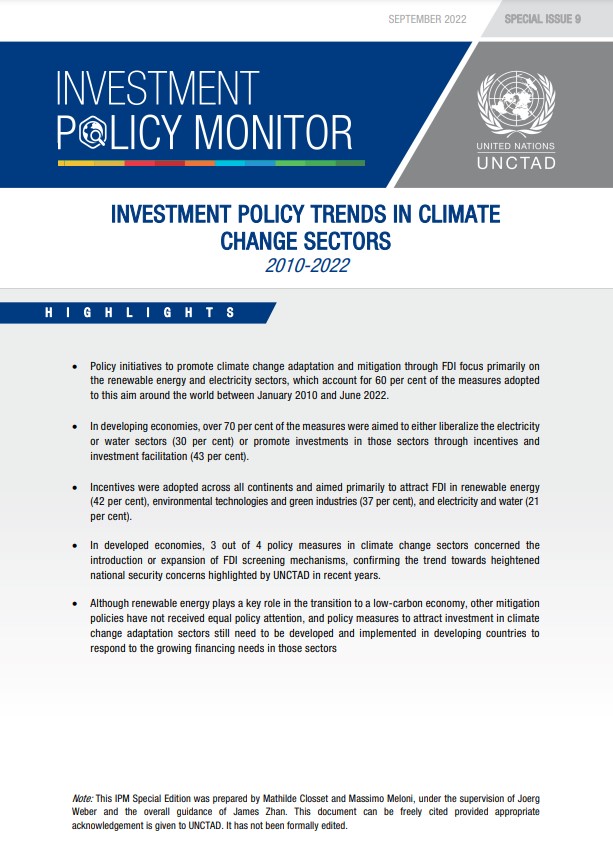 Investment policy trends in climate change sectors, 2010-2022